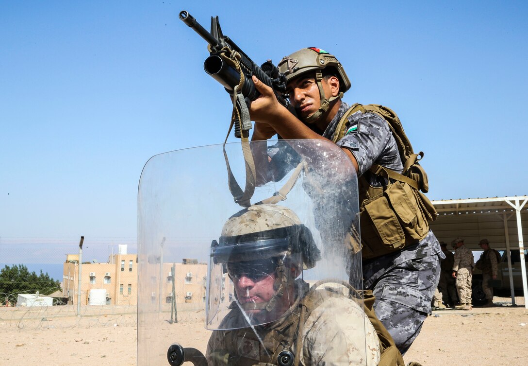 Marines with 4th Law Enforcement Battalion and Marines with the Jordanian 77th Marines Battalion conducted numerous bilateral training evolutions ranging from simulated crowd control to firing non-lethal munitions as part of Exercise Eager Lion 2019.  Eager Lion, U.S. Central Command’s largest and most complex exercise, is an opportunity to integrate forces in a multilateral environment, operate in realistic terrain, and strengthen military-to-military relationship. (U.S. Marine Corps photo by SSgt. Anne K. Henry)