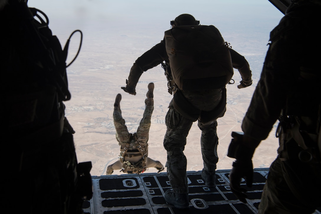 U.S. Air Force Special Tactics Operators conduct a military free fall jump with coalition forces onto a Zarqa drop zone during Eager Lion 2019 in the Hashemite Kingdom of Jordan, Aug. 26, 2019. Special Tactics is a U.S. Special Operation Command's tactical air and ground integration force, and the Air Force's special operations ground force, leading Global Access, Precision Strike, Personnel Recovery and Battlefield Surgery operations on the battlefield. Eager Lion, U.S. Central Command's largest and most complex exercise, is an opportunity to integrate forces in a multilateral environment, operate in realistic terrain and strengthen military-to-military relationships. (U.S. Air Force photo by Staff Sgt. Rose Gudex)