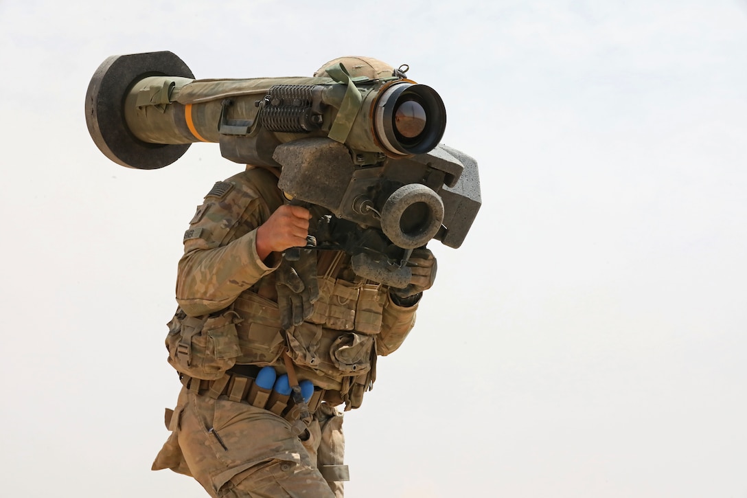 Spc. Wagner of 1st Battalion, 8th Infantry Regiment, 3rd Armored Brigade Combat Team, 4th Infantry Division, moves to a fighting position with a FGM-148 Javelin during a combined arms live fire exercise in support of Eager Lion 2019 in Jordan on August 27, 2019. Eager Lion, U.S. Central Command's largest and most complex exercise, is an opportunity to integrate forces in a multilateral environment, operate in realistic terrain and strengthen military-to-military relationships. (U.S. Army photo by Sgt. Liane Hatch)