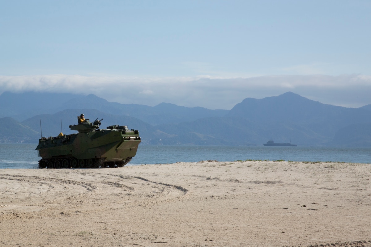 A Brazilian amphibious assault vehicle conducts ship-to-shore operations.