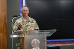 Col. Rodney Thacker thanks his friends and family who attended his retirement ceremony Aug. 23.
