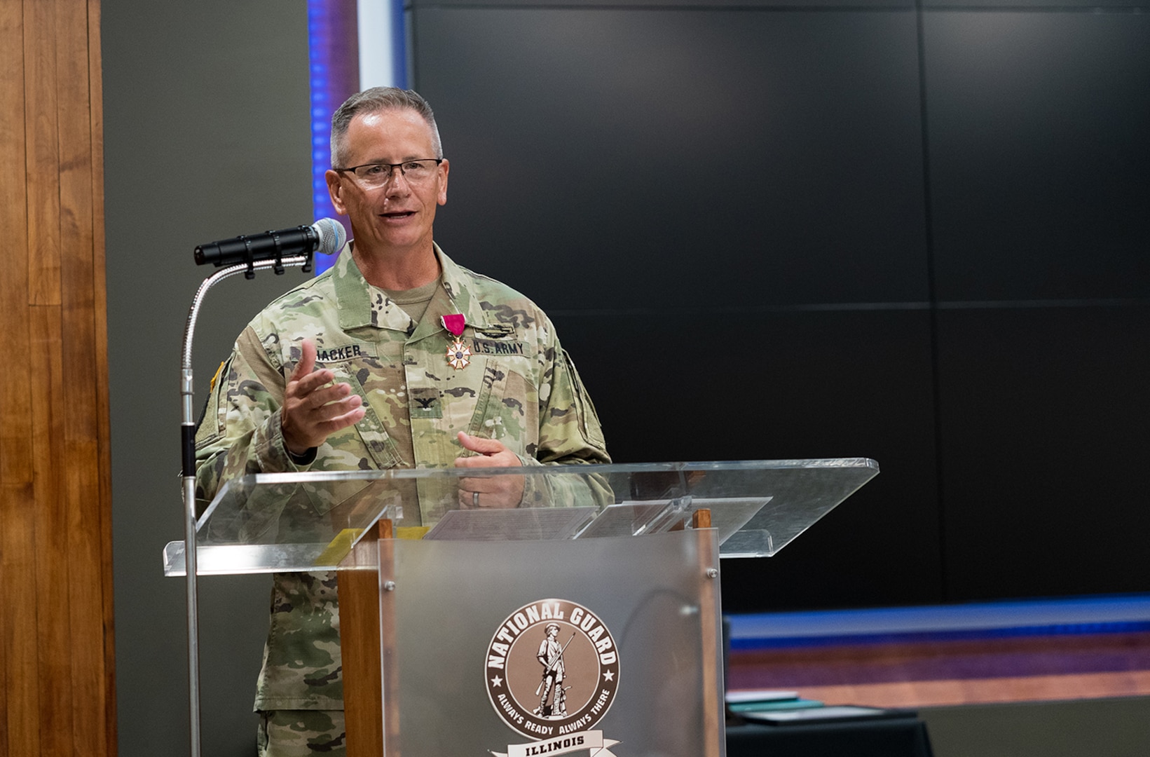 Col. Rodney Thacker thanks his friends and family who attended his retirement ceremony Aug. 23.