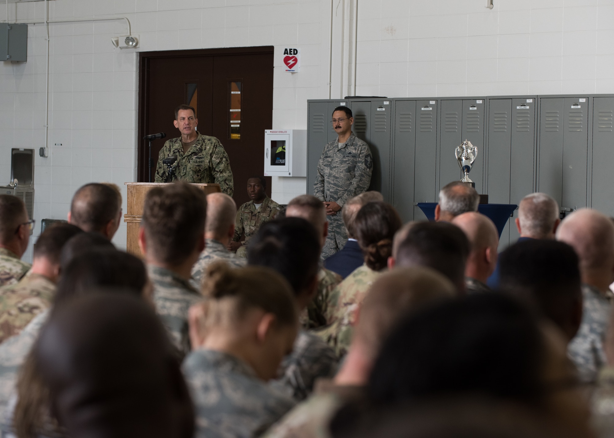 U.S. Navy Vice Adm. Dave Kriete, deputy commander of U.S. Strategic Command speaks to Airmen during the Omaha Trophy presentation Aug. 27, 2019, at Whiteman Air Force Base, Missouri. The Omaha Trophy is awarded to units for excellence in strategic deterrence and support of global strike operations. The active-duty 509th Bomb Wing and Missouri Air National Guard’s 131st Bomb Wing jointly earned the Omaha Trophy because of their interoperability to execute one of the country’s most important national security missions: nuclear deterrence by utilizing the B-2 Spirit stealth bomber to deter adversaries and assure our allies. (U.S. Air Force photo by Airman 1st Class Parker J. McCauley)