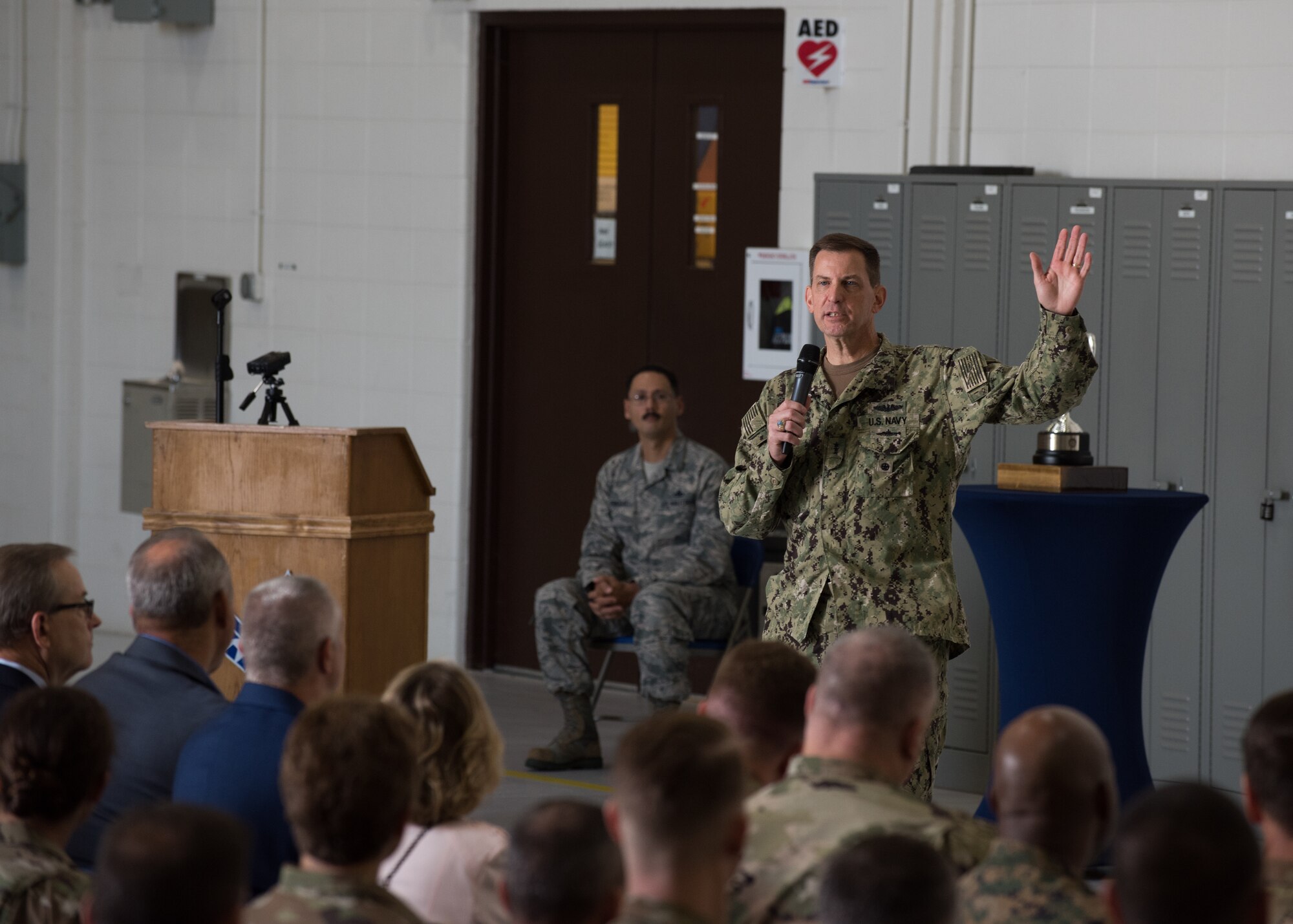 U.S. Navy Vice Adm. Dave Kriete, deputy commander of U.S. Strategic Command speaks to Airmen during the Omaha Trophy presentation Aug. 27, 2019, at Whiteman Air Force Base, Missouri. The Omaha Trophy is awarded by the Strategic Command Consultation Committee to units for excellence in strategic deterrence and support of global strike operations. The active-duty 509th Bomb Wing and Missouri Air National Guard’s 131st Bomb Wing jointly earned the Omaha Trophy for executing the best Strategic Bomber Operations of 2018. (U.S. Air Force photo by Airman 1st Class Parker J. McCauley)