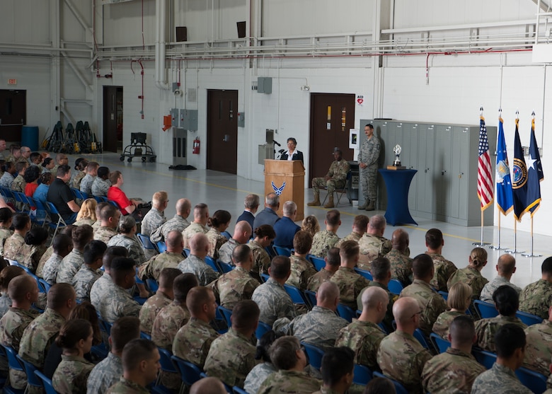 Rita Sanders, former mayor of Bellevue, Nebraska, speaks to Airmen of the 509th and 131st Bomb Wing during the Omaha Trophy Presentation Aug. 27, 2019, at Whiteman Air Force Base, Missouri. Sanders, a civic leaders from Omaha, represented the Strategic Command Consultation Committee – an advisory group comprising of business leaders who represent the people of the metropolitan Omaha area. (U.S. Air Force photo by Airman 1st Class Parker J. McCauley)