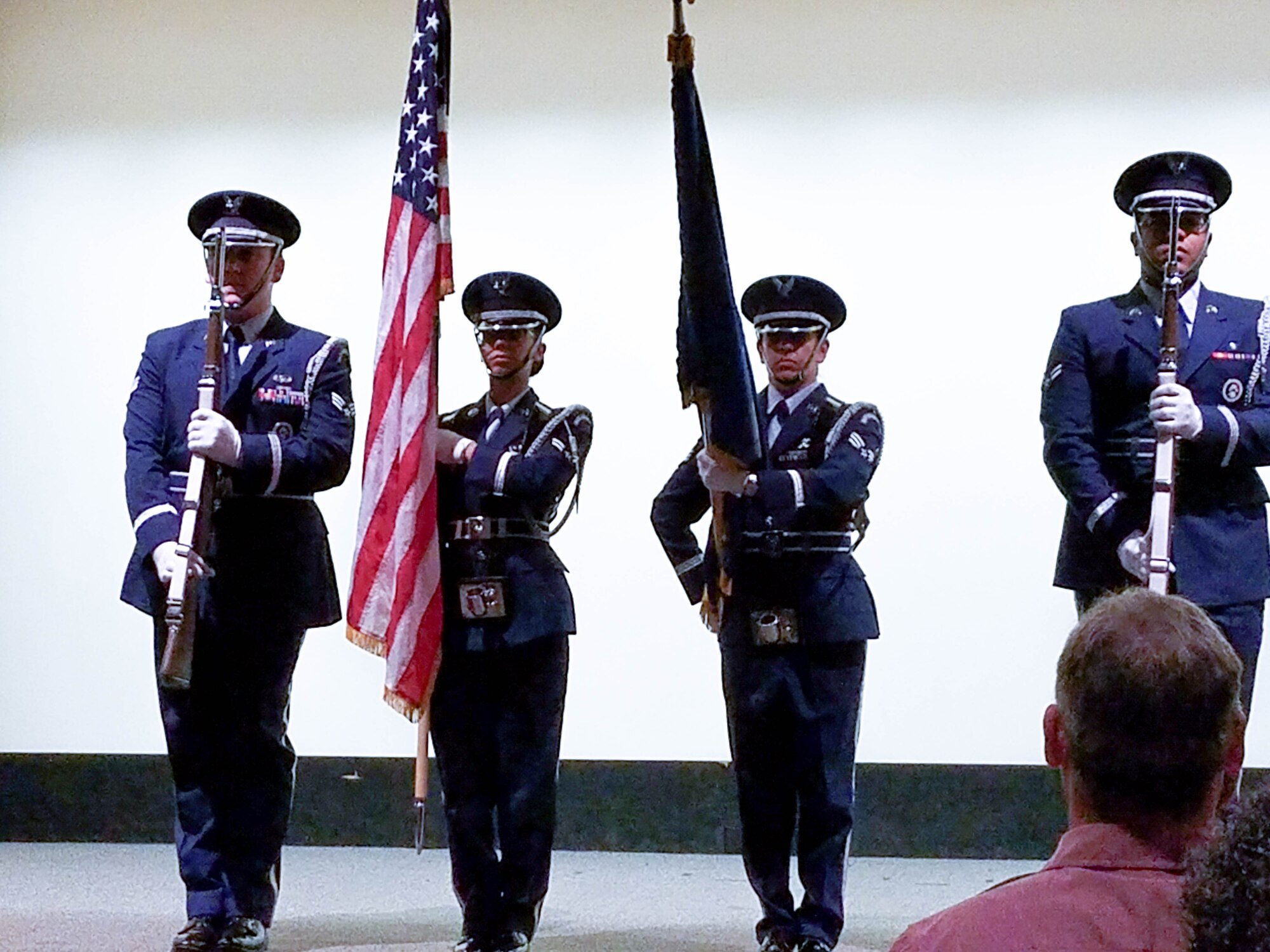 The base honor guard prepares to post the colors at the beginning of the 603rd Air Control Squadron’s memorial ceremony at the National Museum of the United States Air Force. (U.S. Air Force photo/Laura McGowan)