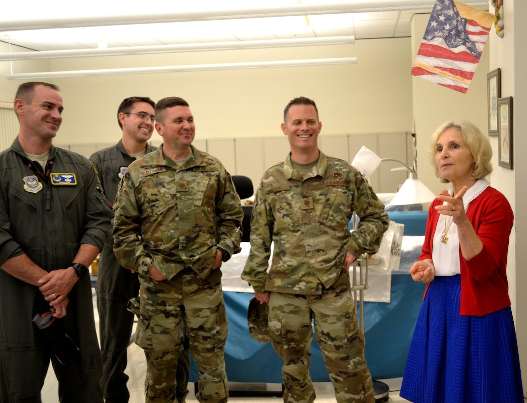 DLA Troop Support flag room supervisor Linda Farrell, right, speaks to students from the U.S. Air Force Expeditionary Operations School during a tour August 26, 2019 in Philadelphia. The students toured DLA to get an overview of the agency’s services and mission.