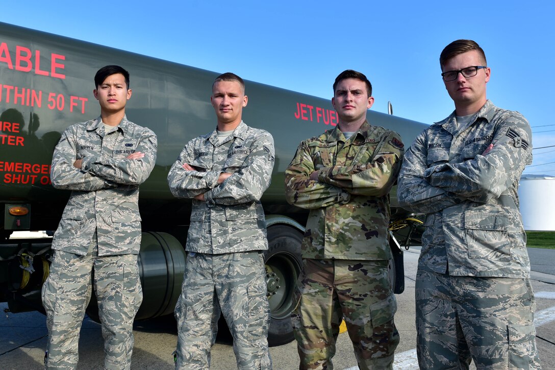 From left, Airman 1st Class Nathan Nguyen, Airman 1st Class Austin Herder, Senior Airman Charles Black and Senior Airman Robert Walsh, all assigned to the 4th Logistics Readiness Squadron fuels flight provided life-saving efforts to victims during a major vehicle accident near Seymour Johnson Air Force Base, North Carolina.
