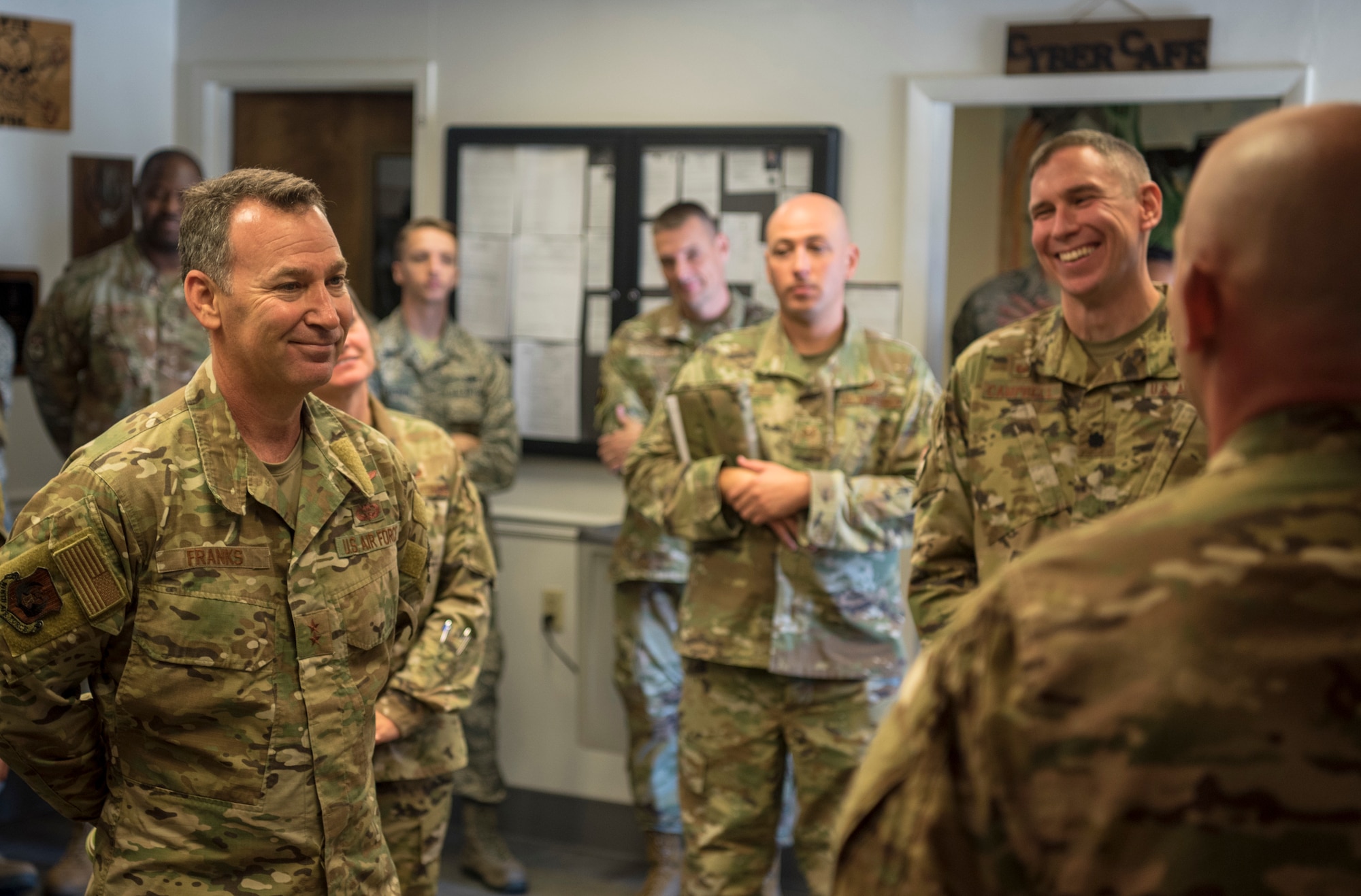 U.S. Air Force Maj. Gen. Chad Franks, Ninth Air Force commander, visits with 733rd Logistic Readiness Squadron fuels management flight Airmen at Joint Base Langley-Eustis, Virginia, August 26, 2019.