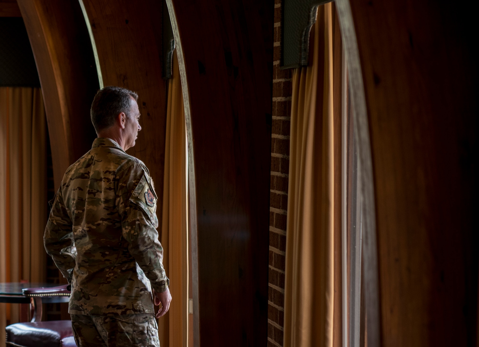 U.S. Air Force Maj. Gen. Chad Franks, Ninth Air Force commander, takes a break during a visit with Airmen at Joint Base Langley-Eustis, Virginia, August 26, 2019.