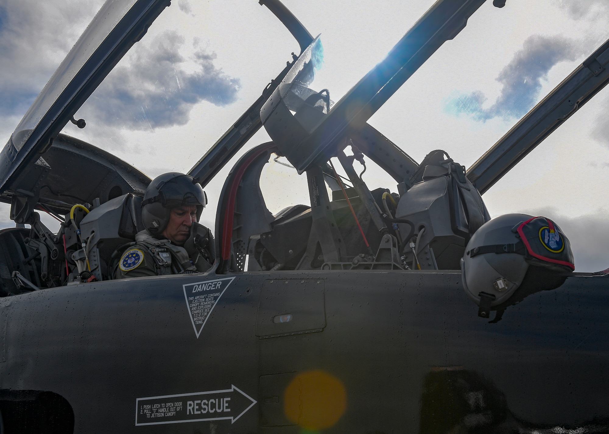 U.S. Air Force Maj. Gen. Chad Franks, Ninth Air Force commander, sits in the backseat of a T-38 Talon aircraft prior to takeoff August 28, 2019 at Joint Base Langley-Eustis, Virginia.
