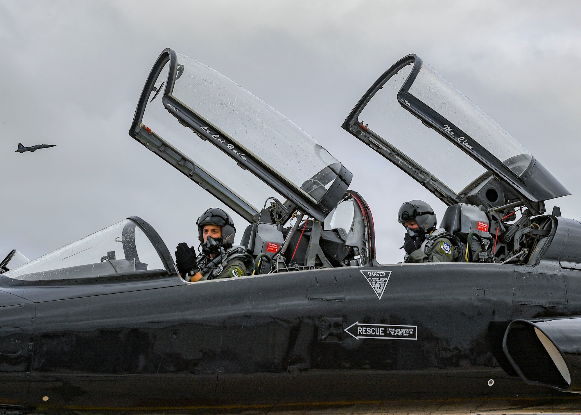 U.S. Air Force 1st Lt Michael Koon, left, 1st Fighter Wing flight safety officer, and Maj. Gen. Chad Franks, Ninth Air Force commander prepare to takeoff in a T-38 Talon aircraft August 28, 2019 at Joint Base Langley-Eustis, Virginia.