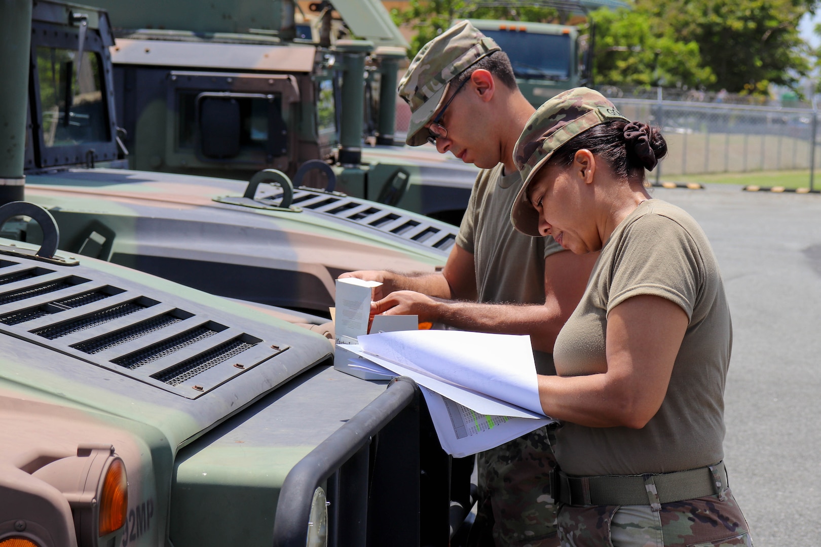 Puerto Rico National Guard members check and fuel military vehicles and electrical generators and replenish water distribution trucks on Aug. 27, 2019, in preparation to respond to Hurricane Dorian.