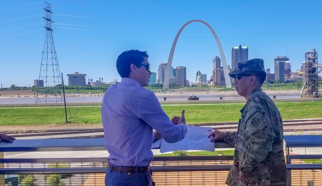 Mississippi Valley Division Commander Maj. Gen. Mark Toy at the Malcolm Martin Memorial Outlook in East Saint Louis, Ill., during his tour of the Metro East Levees System which consists of the Wood River Levee system, the East St. Louis Levee system, the Chain of Rocks levee, and the Prairie du Pont/Fish Lake Levee system. #BuildingStrong and #TakingCareofPeople