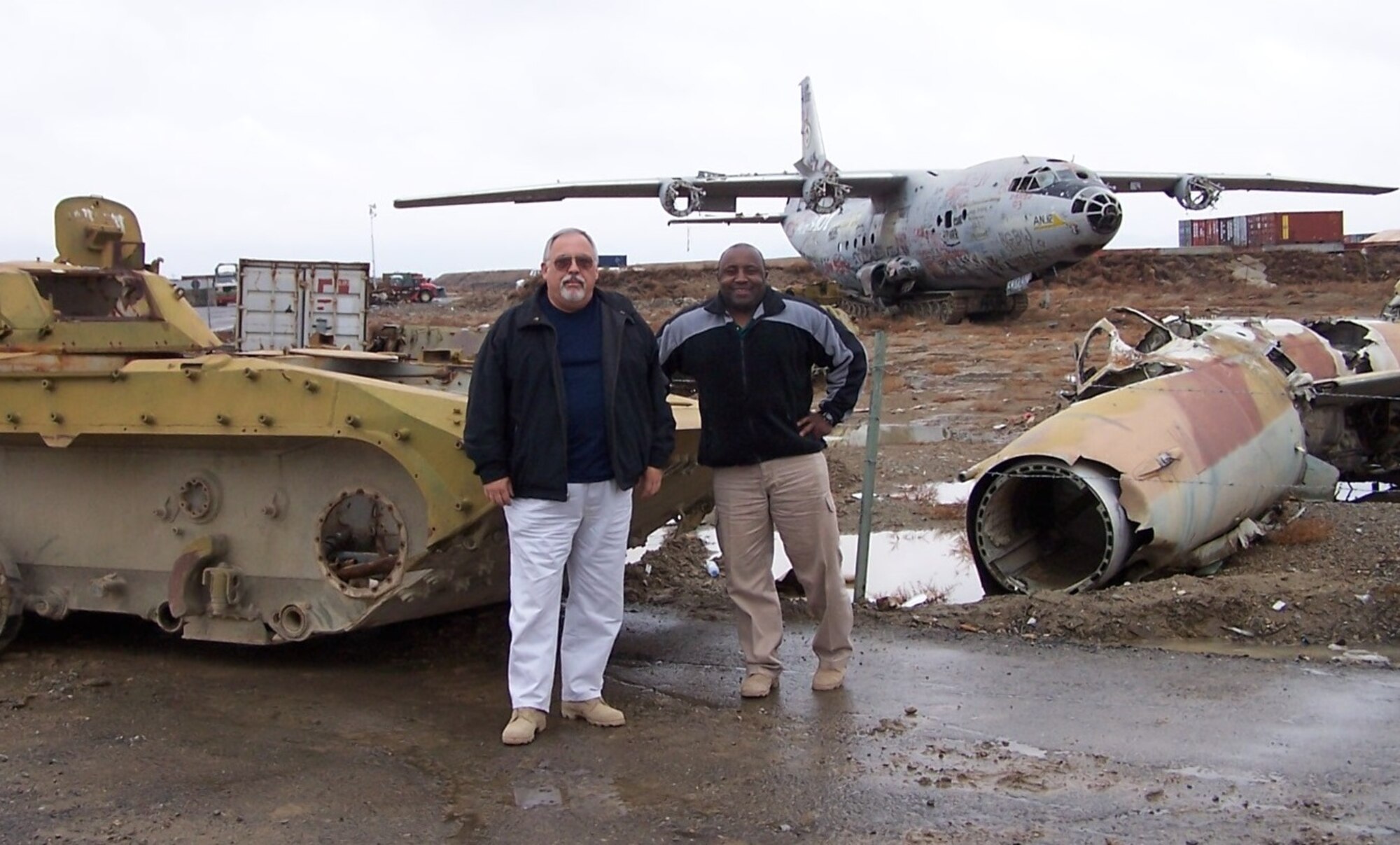 Air Force Office of Special Investigations Special Agent (Retired) and 2018 Hall of Fame Inductee Steve Minger (left) and SA Gary King pictured at the Russian equipment graveyard in Afghanistan in 2005. (AFOSI photo)