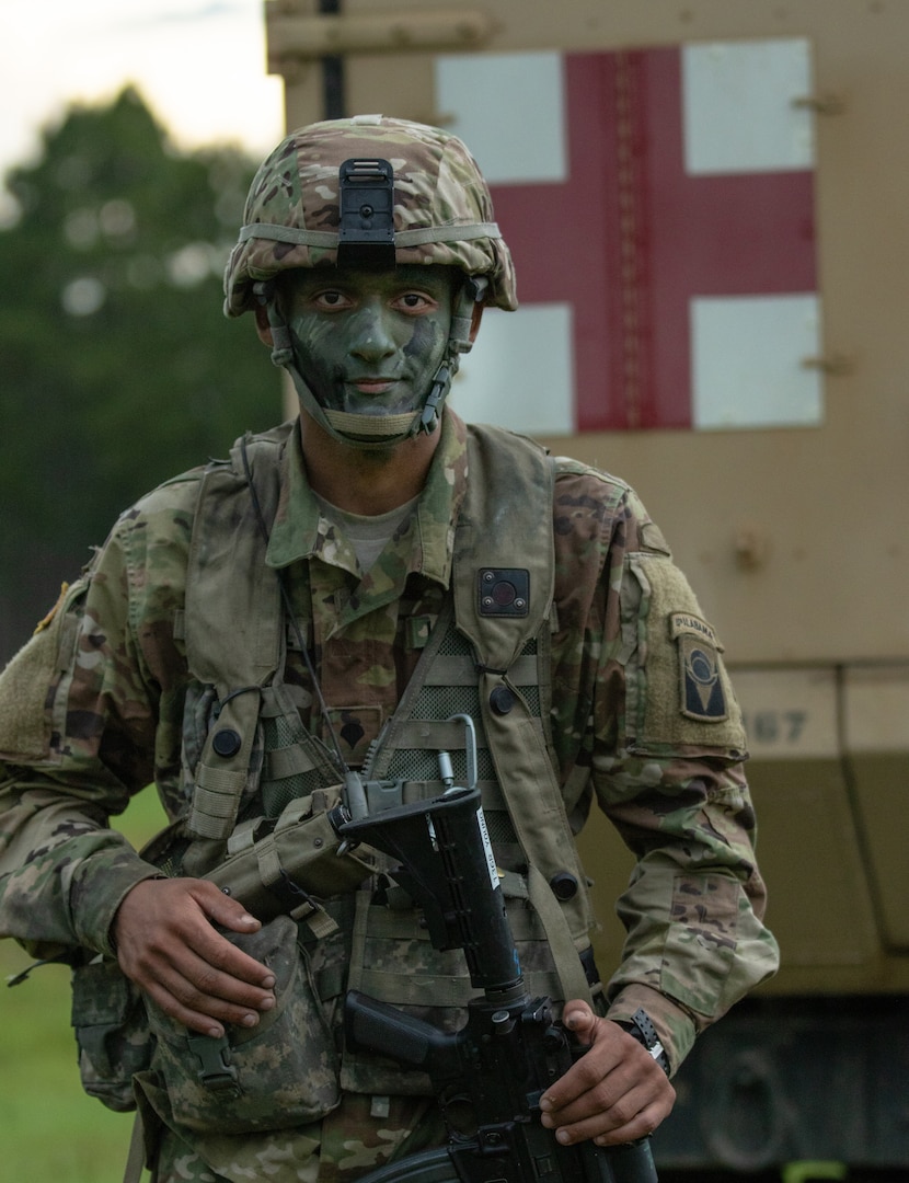 Spc. Micah Turnbull, 1-167th Infantry Medic, posses for a photo at Camp Shelby, Miss., on Aug. 14, 2019.