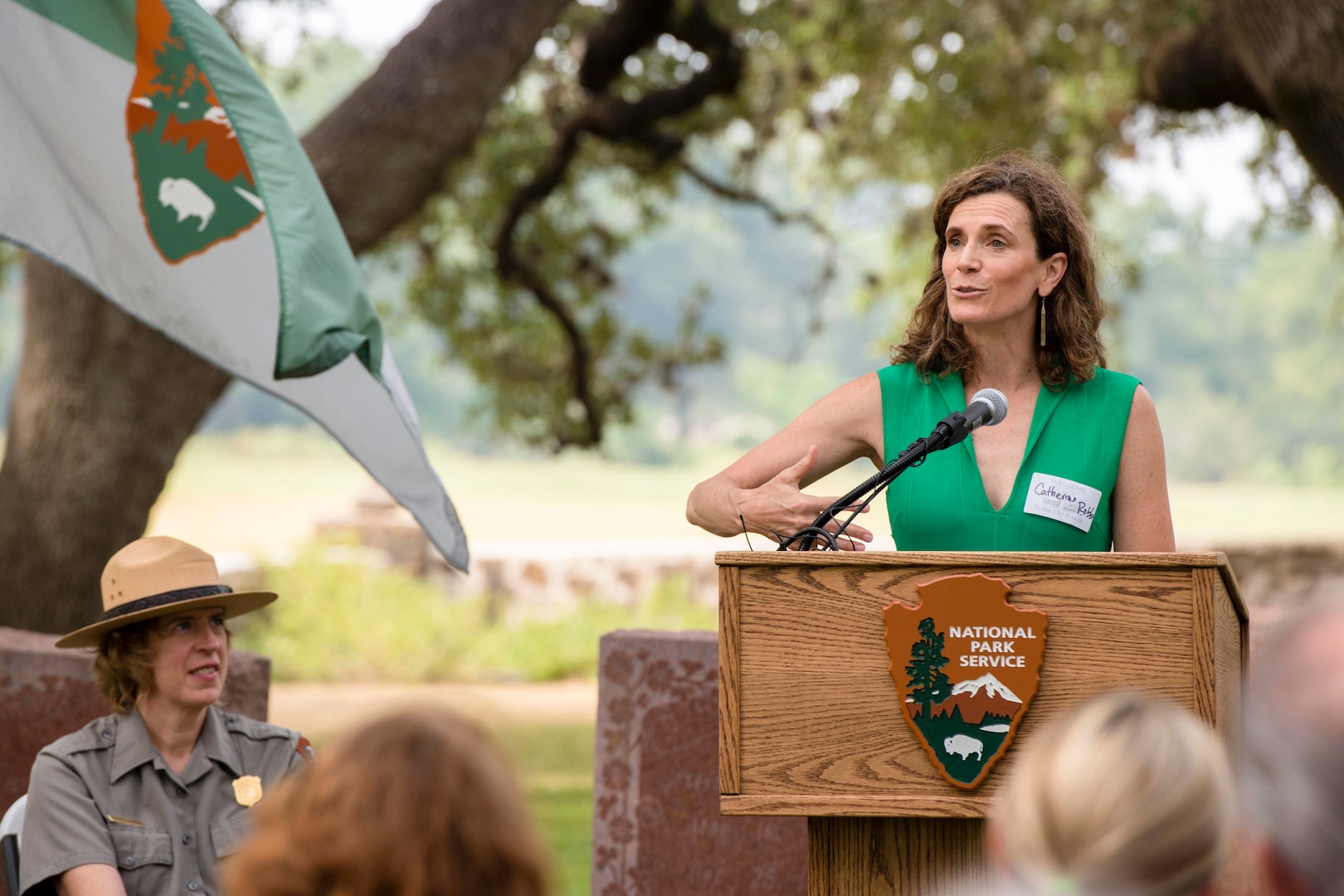 Catherine Robb, Lyndon B. Johnson’s granddaughter, speaks at the Lyndon B. Johnson Birthday Observance Wreath-Laying Ceremony Aug. 27 at the LBJ National Historical Park at Johnson City, Texas. The annual event honors what would have been Johnson’s 111th birthday.