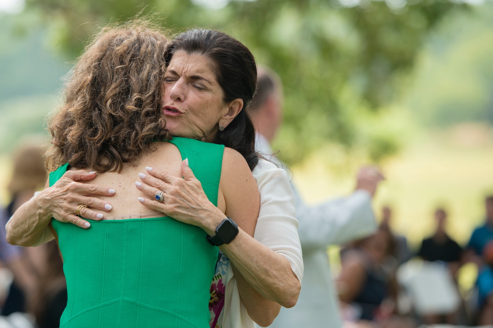 Luci Baines Johnson (right), Lyndon B. Johnson’s daughter, hugs her niece Catherine Robb, at the Lyndon B. Johnson Birthday Observance Wreath-Laying Ceremony Aug. 27 at the LBJ National Historical Park at Johnson City, Texas.The annual event honors what would have been Johnson’s 111th birthday.