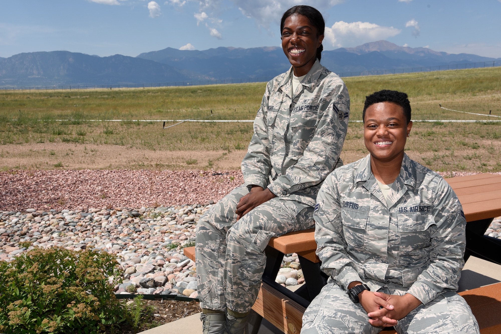 Airmen 1st Class Brittany Wright and Tiffany Duffus, 21st Operational Medical Readiness Squadron dental lab technicians, tell their story of successfully responding to a friend with suicidal thoughts Aug. 22, 2019 at Peterson Air Force Base, Colorado. Both Airmen received the Air Force Achievement Medal and were asked to attend the Air Force Association National Convention in September. (U.S. Air Force photo by Staff Sgt. Alexandra M. Longfellow)