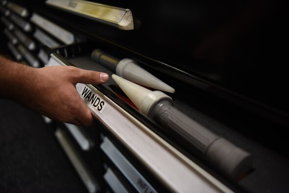 An Airman from the 80th Aircraft Maintenance Unit retrieves a tool from the 80th AMU supply section at Kunsan Air Base, Republic of Korea, Aug. 16, 2019. The implementation of a high-use tool area and other improvements has saved an estimated 1,800 man-hours annually. (U.S. Air Force photo by Staff Sergeant Anthony J. Hetlage)