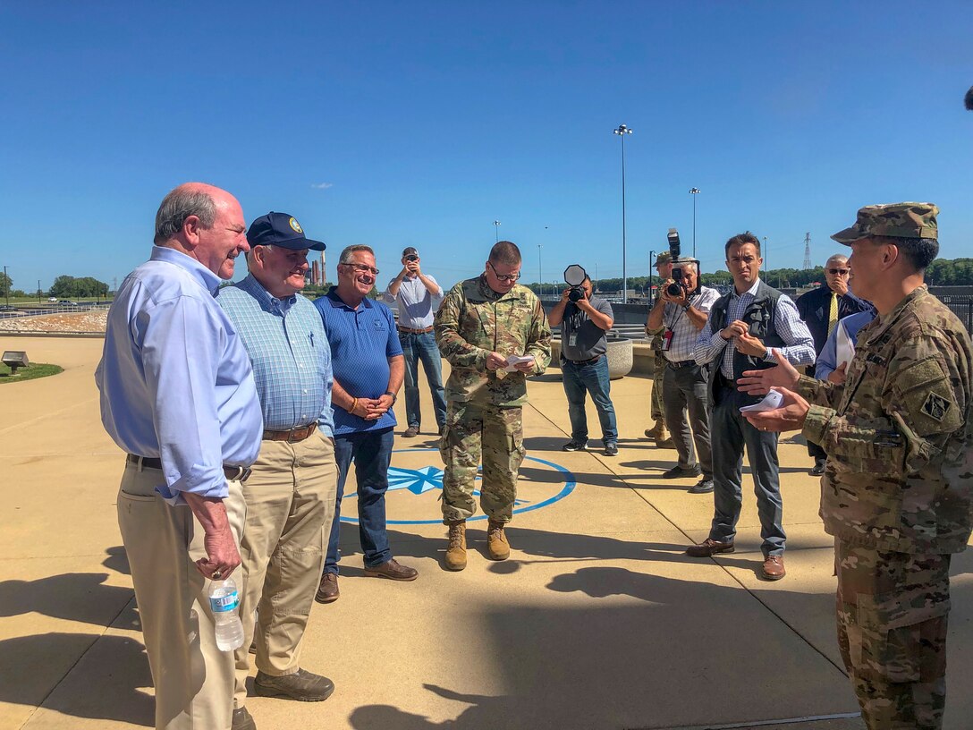 Maj. Gen. Mark Toy, Mississippi Valley Division Commander addresses R.D. James, Assistant Secretary of the Army (Civil Works), Secretary of Agriculture Sonny Perdue during the rollout of the U.S. Department of Agriculture's Importance of the Inland Waterways report.
