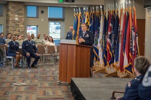Col. Amy J. Boehle, Headquarters Individual Reservist Readiness and Integration Organization (HQ RIO), commander, addresses attendees during her assumption of command ceremony Aug. 28, 2019, at Buckley Air Force Base, Colo. Boehle entered the Air Force in 1993 through the Reserve Officer Training Corps (ROTC), program at the University of New Mexico. She holds advanced degrees from George Washington University and the University of Maryland. (U.S. Air Force photo by Master Sgt. Eric Amidon)
