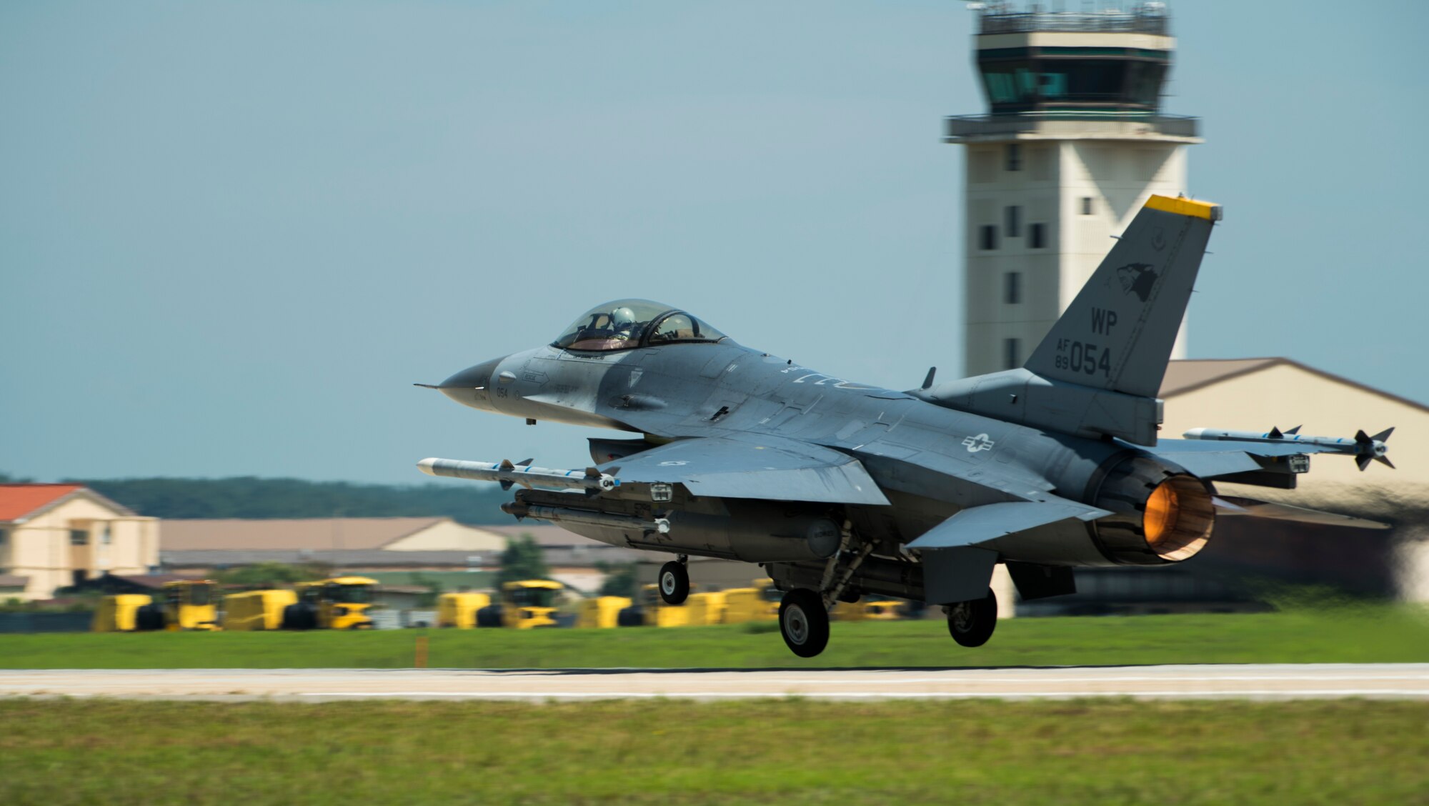 A U.S. Air Force F-16 Fighting Falcon from the 80th Fighter Squadron, Kunsan Air Base, Republic of Korea, takes off for a routine training flight Aug. 26, 2019. The 8th Fighter Wing regularly flies it's F-16s for various training opportunities, to include flying alongside units from the Republic of Korea Air Force's 38th Fighter Group. (U.S. Air Force photo by Senior Airman Stefan Alvarez)