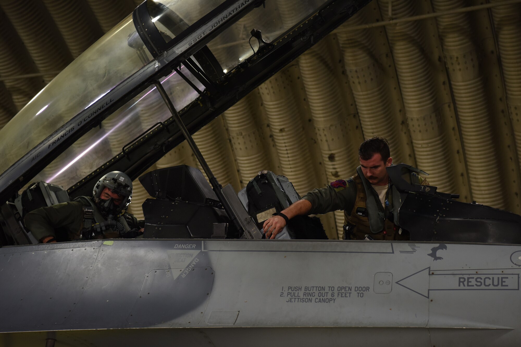 U.S. Air Force Capt. Michael Radosevich and 1st Lt. Scott Lafferty, 35th Fighter Squadron pilots, prepare for takeoff at Kunsan Air Base, Republic of Korea, Aug. 27, 2019. The 35th FS and 80th Fighter Squadron both pilot the F-16 Fighting Falcon, and perform regular training around the Korean peninsula. (U.S. Air Force photo by Staff Sgt. Joshua Edwards)