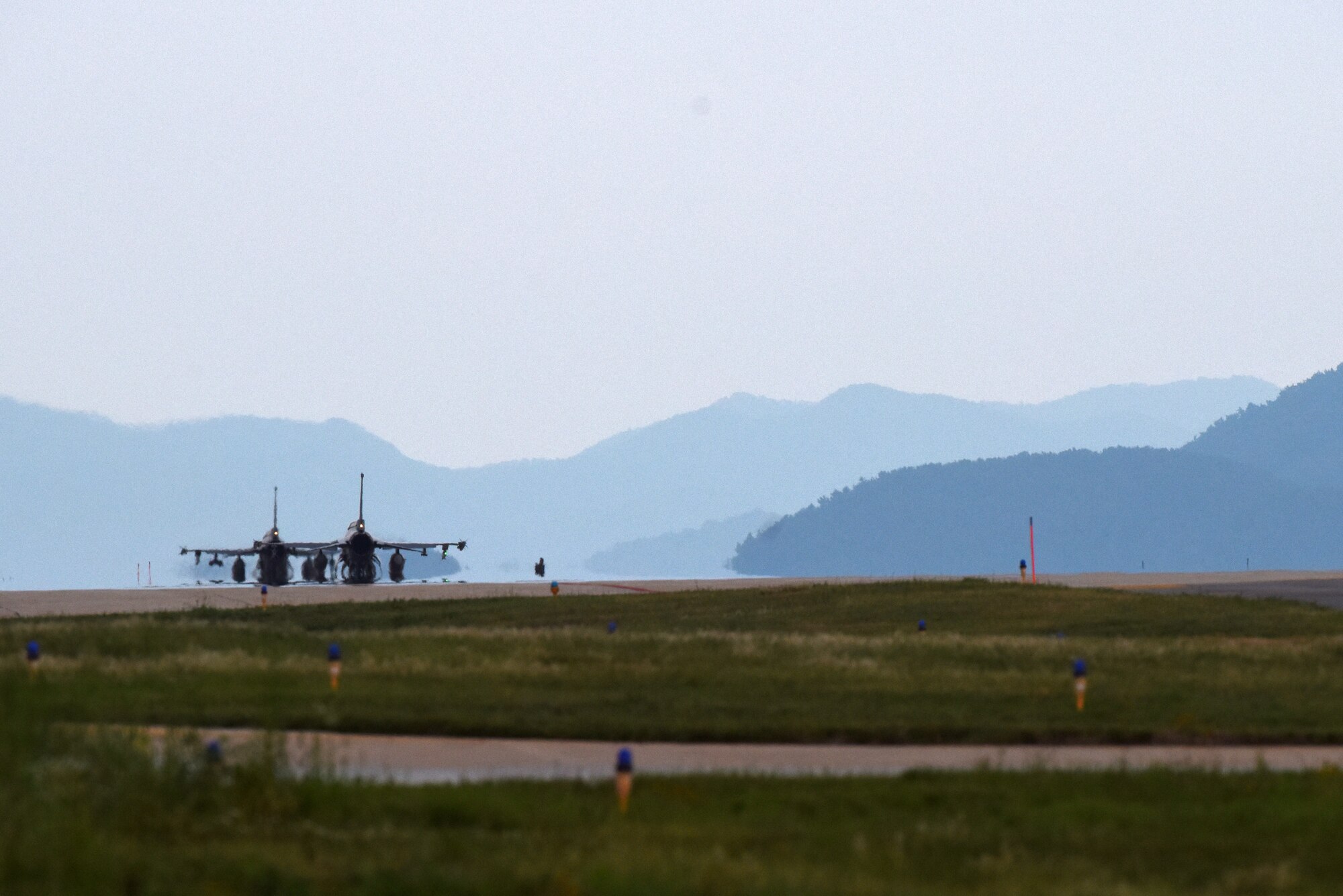 U.S. Air Force pilots with the 35th Fighter Squadron taxis in an F-16 Fighting Falcon during routine training at Kunsan Air Base, Republic of Korea, Aug. 28, 2019. The 8th Fighter Wing regularly flies its F-16s for various training opportunities, to include flying alongside units from the Republic of Korea Air Force's 38th Fighter Group. (U.S. Air Force photo by Staff Sgt. Joshua Edwards)