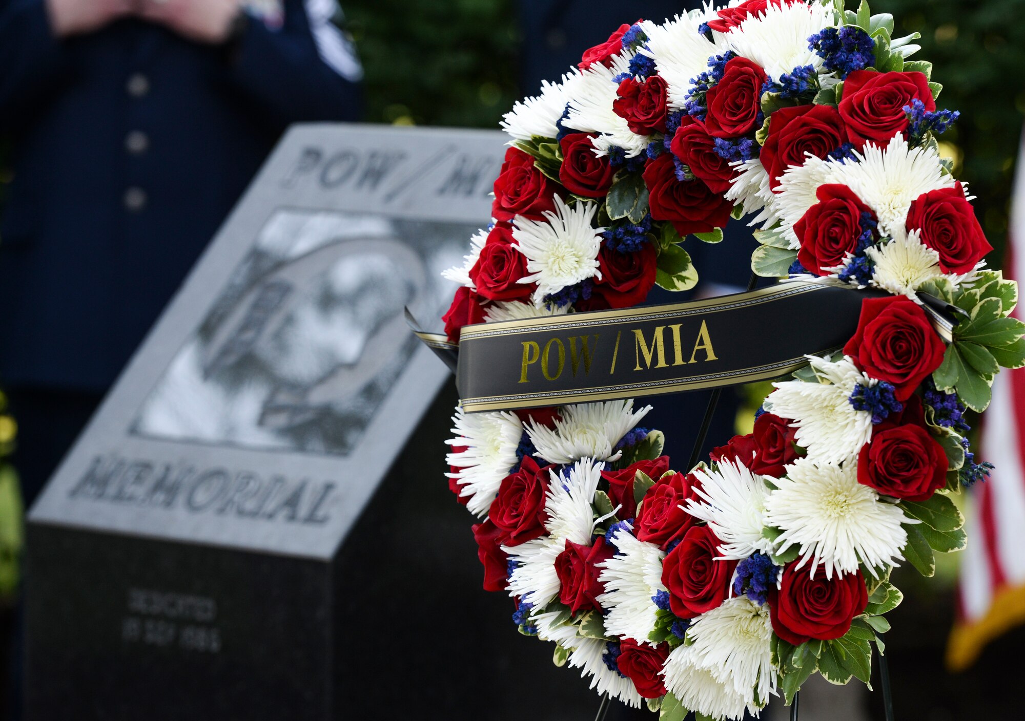 A wreath sits on a stand at the POW/MIA memorial, Wright-Patterson Air Force Base, Ohio, Sept. 21, 2018. The wreath was placed during a POW/MIA ceremony which was held for base personnel a part of National POW/MIA Recognition Day. (U.S. Air Force photo by Wesley Farnsworth)