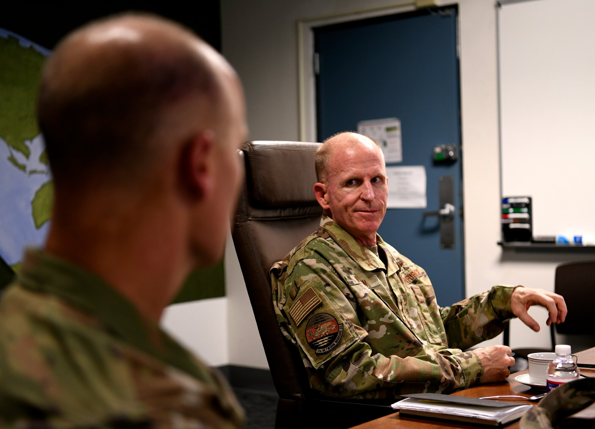 Gen. Stephen Wilson, Vice Chief of Staff of the Air Force, meets with 688th Cyberspace Wing leaders at Joint Base San Antonio-Lackland, Aug. 28, 2019. The 688th CW delivers deployable tactical communications, engineering and installation capabilities, defensive cyber operations, and network operations across the Air Force enterprise. (U.S. Air Force photo by Tech. Sgt. R.J. Biermann)