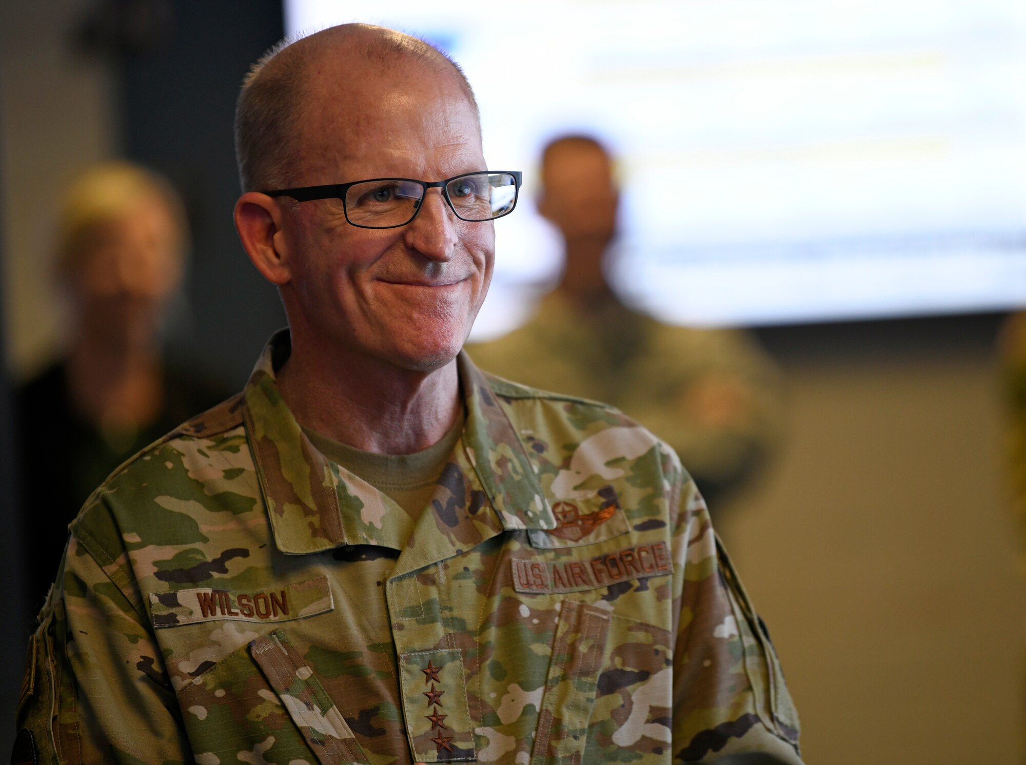 Gen. Stephen Wilson, Vice Chief of Staff of the Air Force, meets with 690th Network Support Squadron Airmen at Joint Base San Antonio-Lackland, Aug. 28, 2019. Wilson visited several 24th Air Force units to meet Airmen and hear about their cyber mission capabilities. (U.S. Air Force photo by Tech. Sgt. R.J. Biermann)