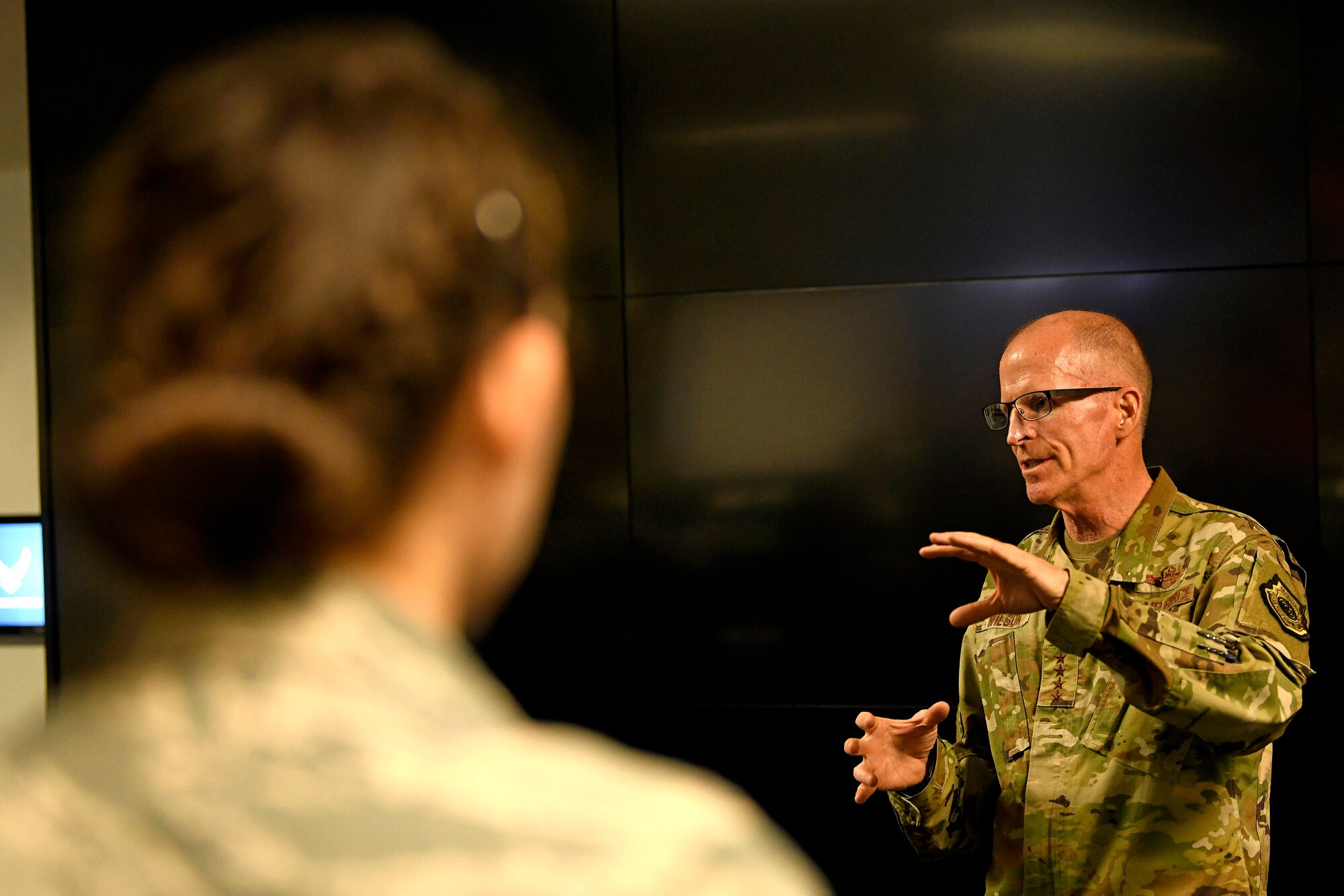 Gen. Stephen Wilson, Vice Chief of Staff of the Air Force, speaks to 690th Network Support Squadron Airmen at Joint Base San Antonio-Lackland, Aug. 28, 2019. The 690th NSS provides tactical command and control for six cyberspace operations and network operations squadron operating the Cyber Security and Control System. (U.S. Air Force photo by Tech. Sgt. R.J. Biermann)