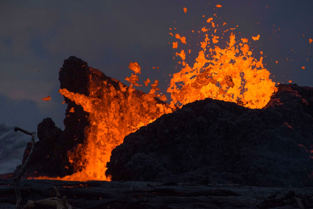 Lava flows from a fissure during hurricane.