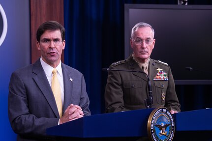 U.S. Secretary of Defense Mark T. Esper speaks to members of the press during his first joint press conference with Marine Corps Gen. Joe Dunford, chairman of the Joint Chiefs of Staff, at the Pentagon Briefing Room, on Aug. 28, 2019.