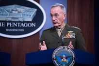 Marine Corps Gen. Joe Dunford, chairman of the Joint Chiefs of Staff, speaks to members of the press during his first joint press conference with Secretary of Defense Mark T. Esper at the Pentagon Briefing Room, on Aug. 28, 2019.