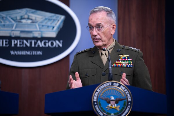 Marine Corps Gen. Joe Dunford, chairman of the Joint Chiefs of Staff, speaks to members of the press during his first joint press conference with Secretary of Defense Mark T. Esper at the Pentagon Briefing Room, on Aug. 28, 2019.