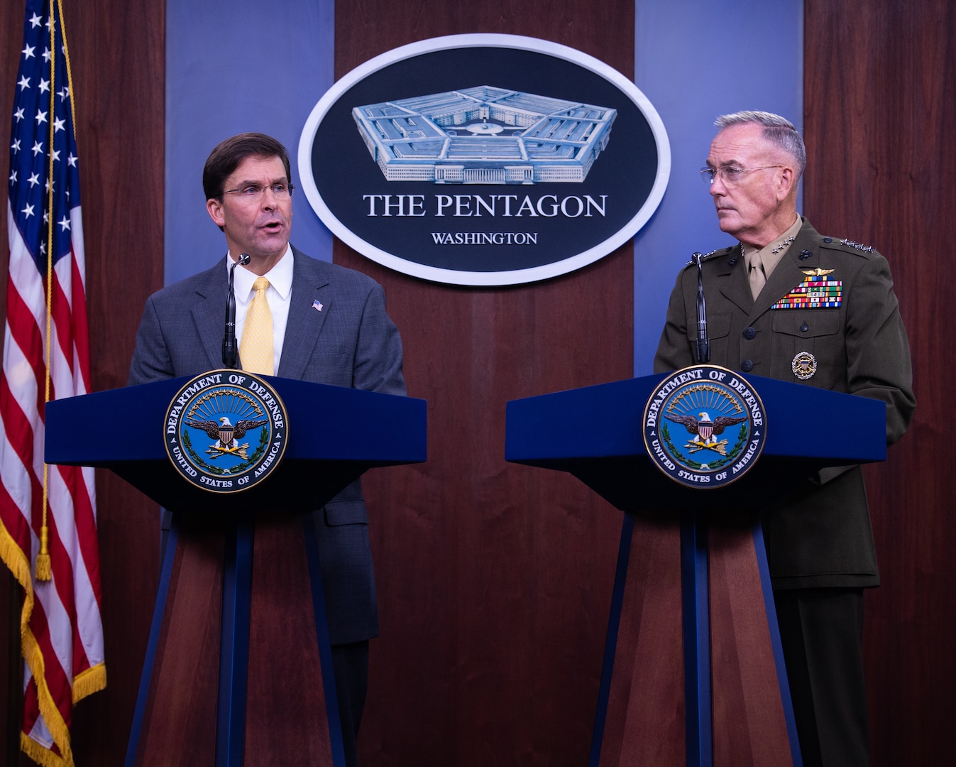 U.S. Secretary of Defense Mark T. Esper speaks to members of the press during his first joint press conference with Marine Corps Gen. Joe Dunford, chairman of the Joint Chiefs of Staff, at the Pentagon Briefing Room, on Aug. 28, 2019.