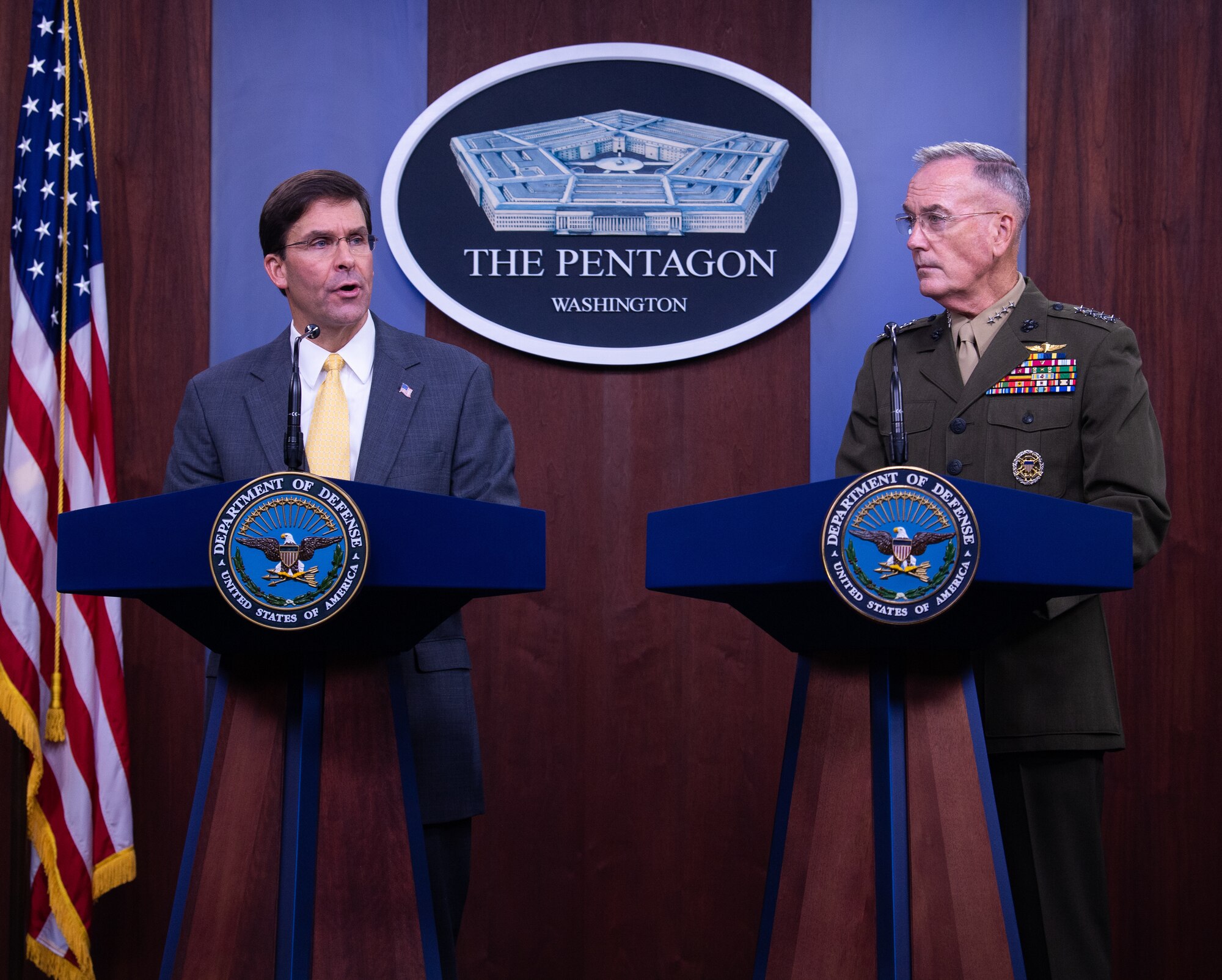 U.S. Secretary of Defense Mark T. Esper speaks to members of the press during his first joint press conference with Marine Corps Gen. Joe Dunford, chairman of the Joint Chiefs of Staff, at the Pentagon Briefing Room, on Aug. 28, 2019.