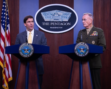 U.S. Secretary of Defense Mark T. Esper speaks to members of the press during his first joint press conference with Marine Corps Gen. Joe Dunford, chairman of the Joint Chiefs of Staff, at the Pentagon Briefing Room, on Aug. 28, 2019.