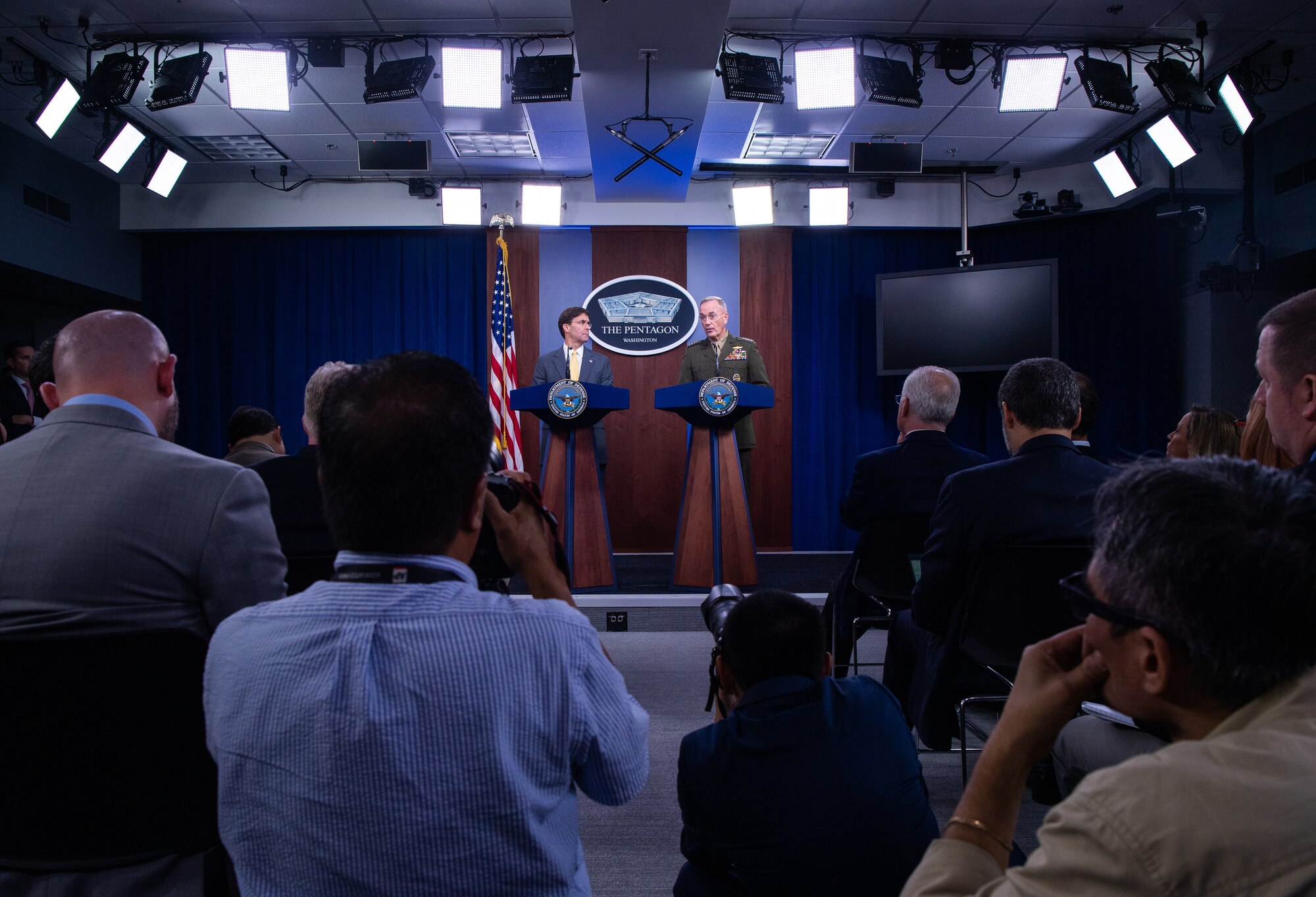 U.S. Secretary of Defense Mark T. Esper speaks to members of the press during his first joint press conference with Marine Corps Gen. Joe Dunford, chairman of the Joint Chiefs of Staff, at the Pentagon Briefing Room, on Aug. 28, 2019.