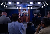 U.S. Secretary of Defense Mark T. Esper speaks to members of the press during his first joint press conference with Marine Corps Gen. Joe Dunford, chairman of the Joint Chiefs of Staff, at the Pentagon Briefing Room, on Aug. 28, 2019.