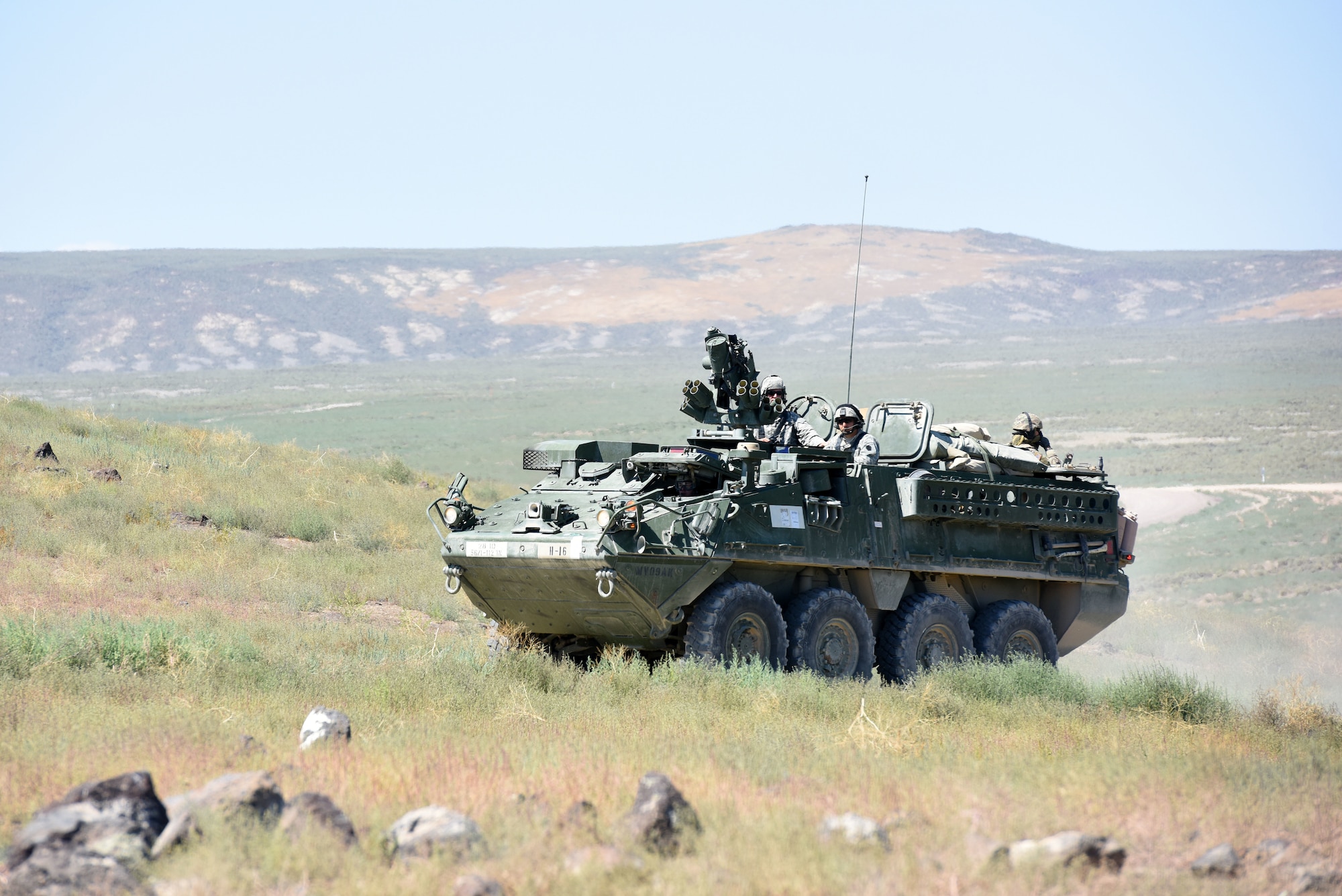 A Stryker vehicle with the 56th Stryker Brigade, Pennsylvania Army National Guard, heads to a remote location.