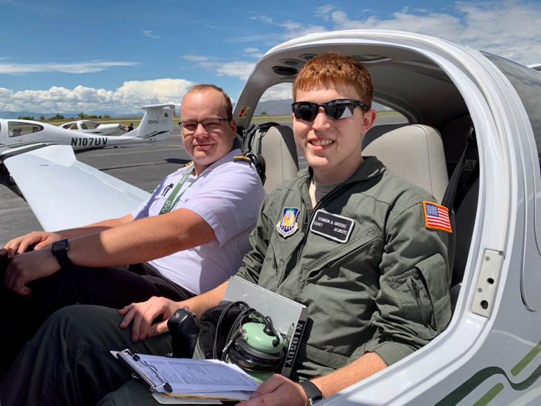 A high school Air Force Junior ROTC cadet gets ready for a check ride with his instructor at Utah Valley State, Orem, Utah.  The Air Force Junior ROTC Flight Academy is a Chief of Staff of the Air Force Scholarship Program intended to expose high school students to the benefits of a career in aviation.  Air Force Junior ROTC sent 150 cadets to 11 universities across the country for an intensive eight-week program, with 45 percent of the class being female or minority.