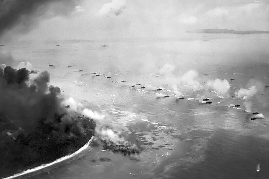 Marines land on Peleliu beaches.