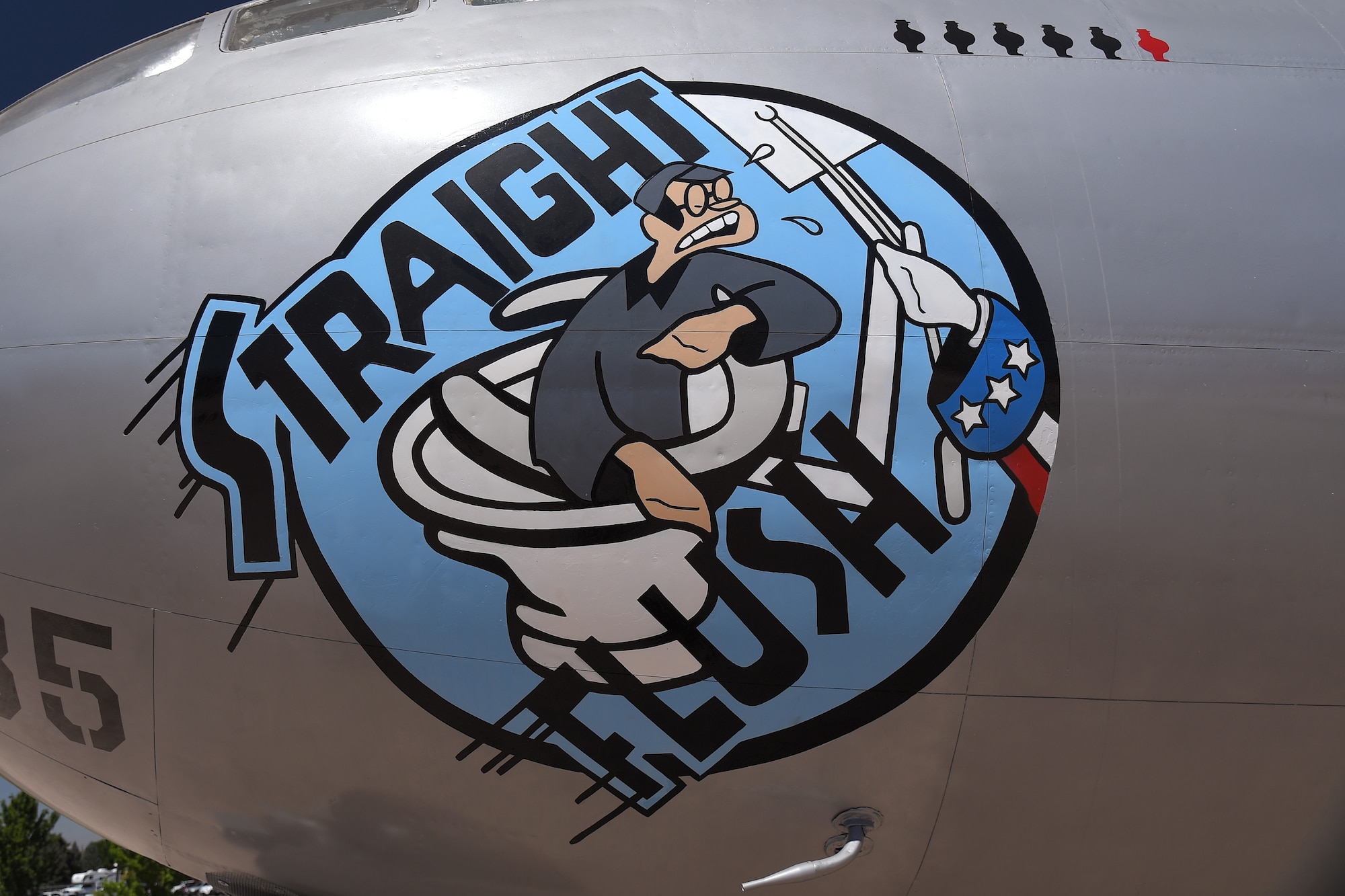 The nickname “Straight Flush” is decortated on the nose of a B-29 Stratofortress on display at the Hill Aerospace Museum Aug. 27, 2019, at Hill Air Force Base, Utah. Museum staff, volunteers and contractors completed a three-year exterior restoration of the aircraft this summer to preserve the airframe, as well as display markings and insignia to accurately represent a famed B-29 that trained for top secret operations from Wendover Field during World War II. (U.S Air Force photo by Todd Cromar)