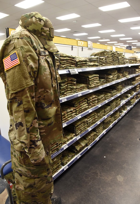 Operational Camouflage Pattern uniforms are now being phased in throughout the year at the Military Clothing Sales store in the Tinker Main Exchange. The transition to OCP's will be complete April. 1, 2021. (U.S. Air Force photo/Kelly White)