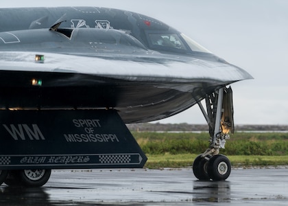 A B-2 Spirit Stealth Bomber from Whiteman Air Force Base, Missouri taxis down a runway at Naval Air Station Keflavik, Iceland, August 28, 2019. This is the B-2s first time landing in Iceland. While in Iceland Airmen from Whiteman conducted hot-pit refueling, which is a method of refueling an aircraft without shutting down the engines. Forward locations like Iceland enhance the collective defense capabilities of both the U.S. it’s NATO allies.