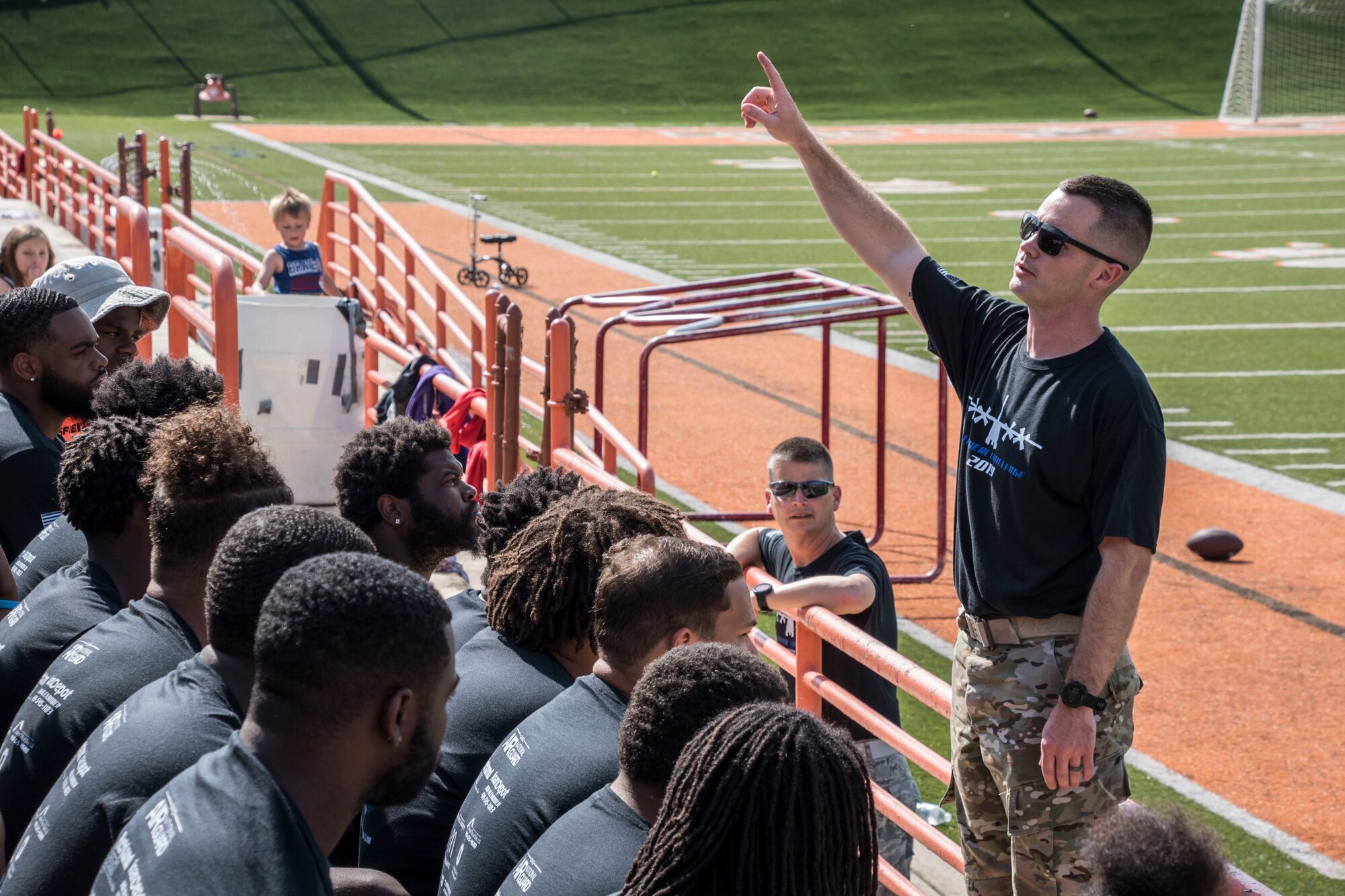 The Mansfield Senior High School Tygers and the Shelby High School Whippets football team participates in the 179th Airlift Wing's "Herc Challenge" held at Arlin Field, Mansfield, Ohio, June 19, 2019. The recruiting event is designed to motivate participants while making them aware of the benefits the Air National Guard can offer them right in their own back yard. (U.S. Air National Guard photo by Airman 1st Class Alexis Wade)