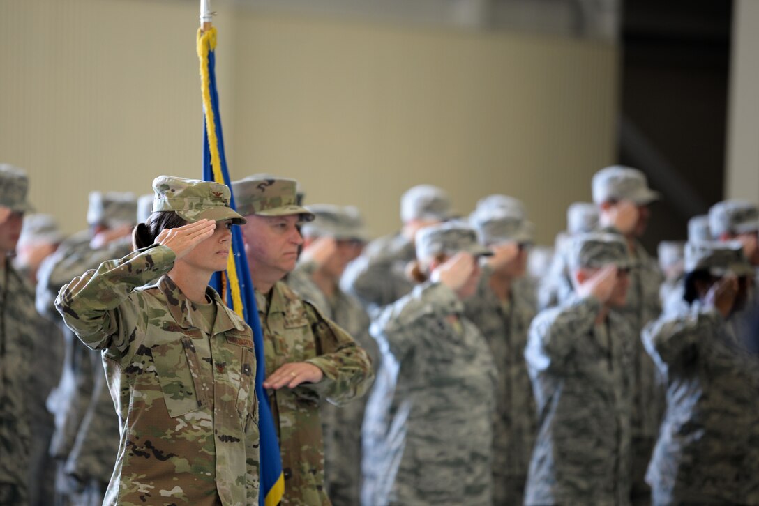 U.S. Air Force Col. Heather Blackwell, 81st Training Wing commander, salutes during the Second Air Force change of command ceremony on Keesler Air Force Base, Mississippi, Aug. 29, 2019. The
ceremony is a symbol of command being exchanged from one commander to the next. Maj. Gen. Andrea Tullos assumed command of the Second Air Force from Maj. Gen. Timothy Leahy. (U.S. Air Force photo by Airman 1st Class Spencer Tobler)